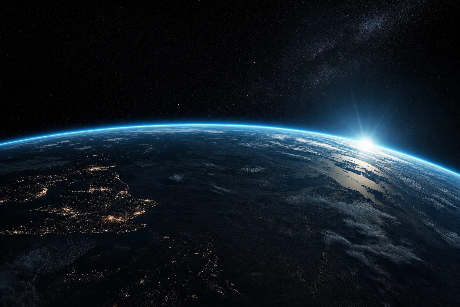 Earth's curved horizon from low orbit at the terminator, a thin glowing cyan atmospheric limb against near-black space.