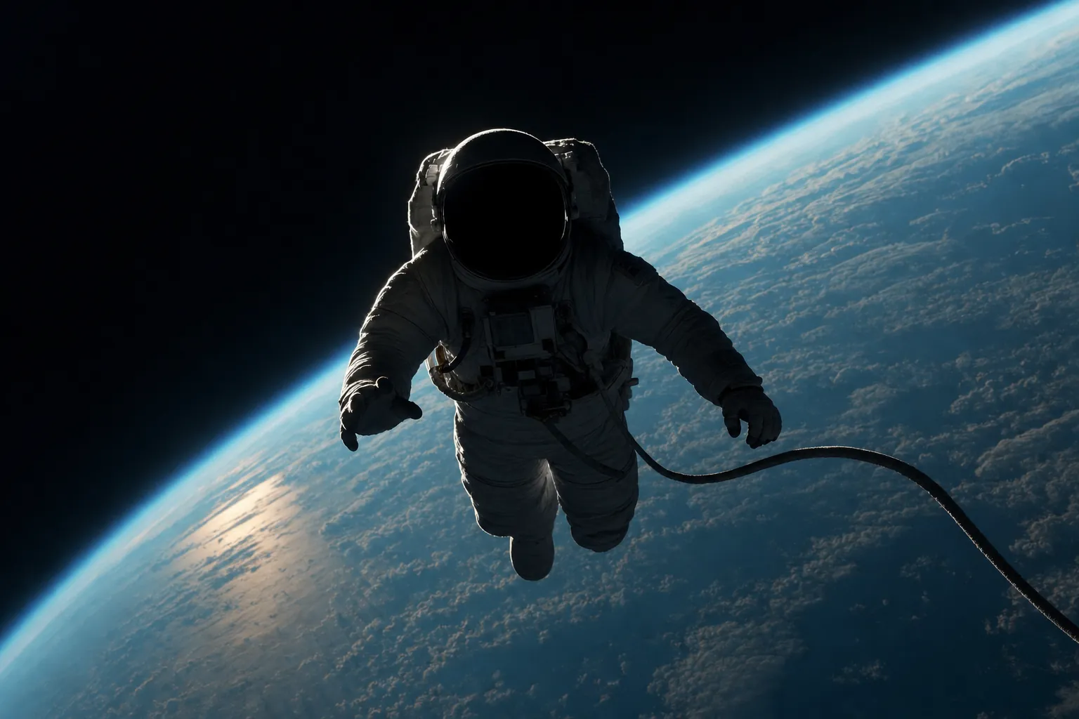 A lone spacewalking figure in silhouette against Earth's cyan atmospheric limb, tether line curving away into black space; the visor is dark and unreadable.