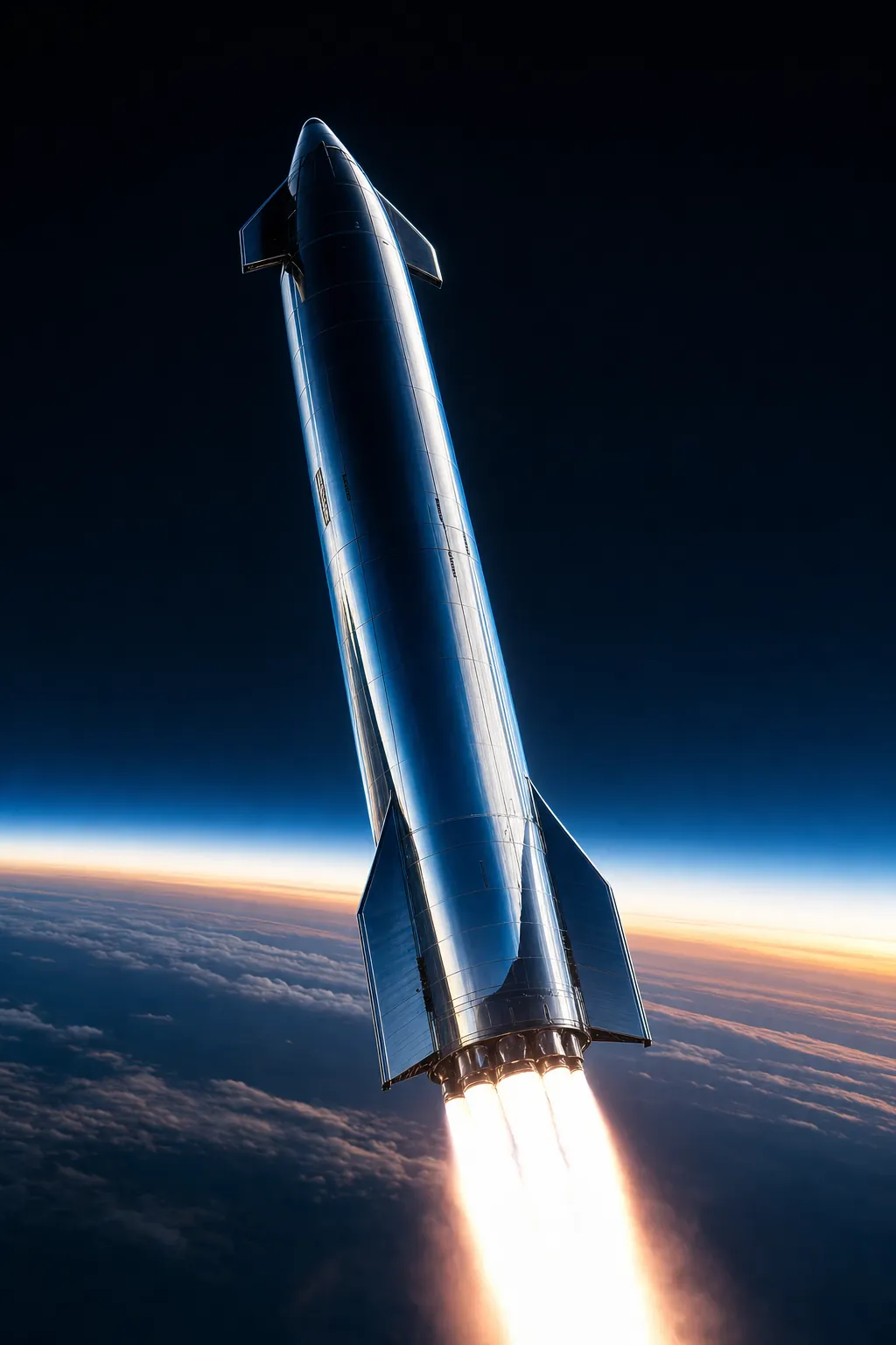 A polished stainless-steel super-heavy launch vehicle ascending through the upper atmosphere at dusk, engine plume below and Earth's curve on the horizon.
